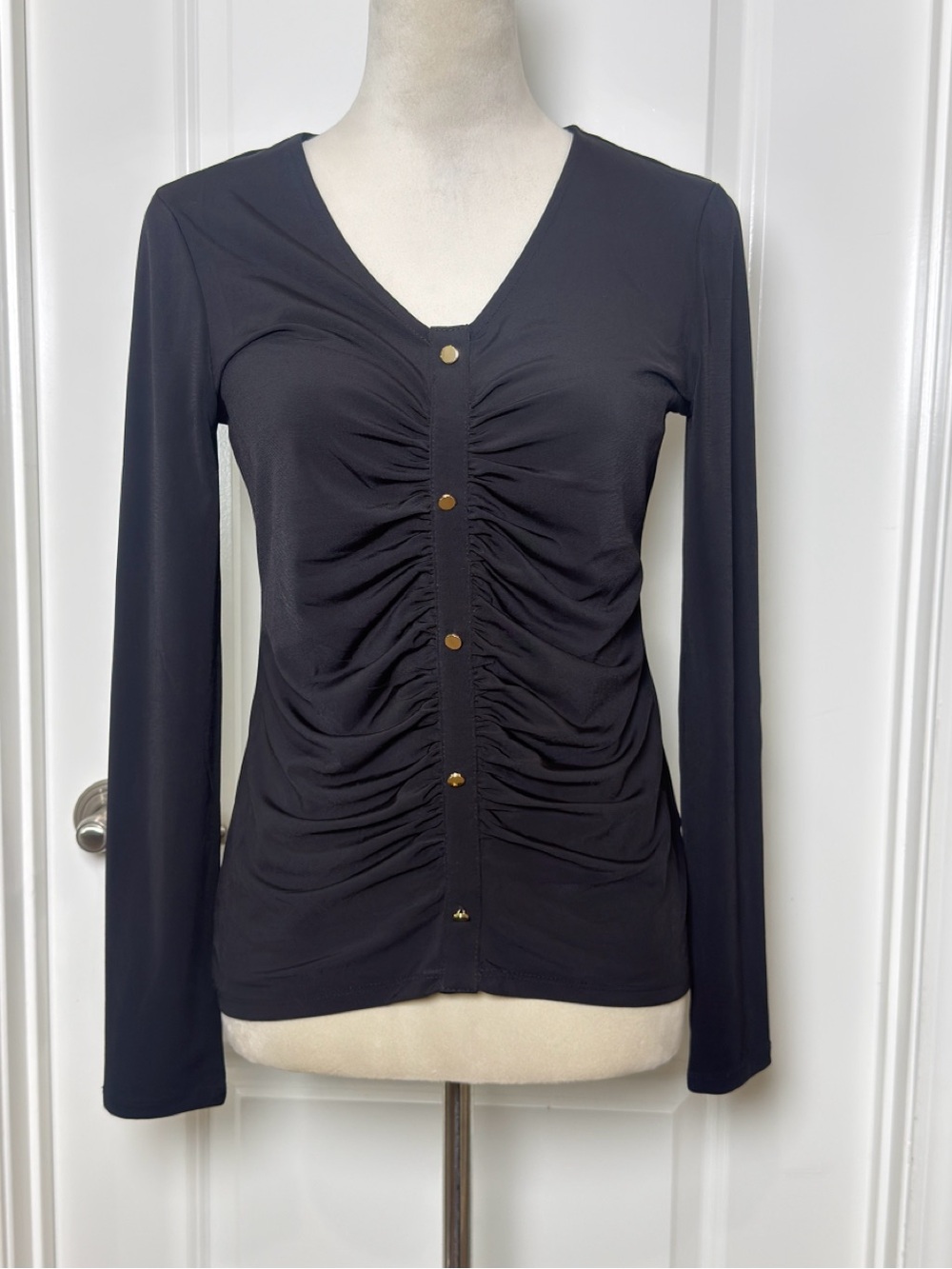 Catherine Malandrino Black Ruched V-Neck Long Sleeve Top